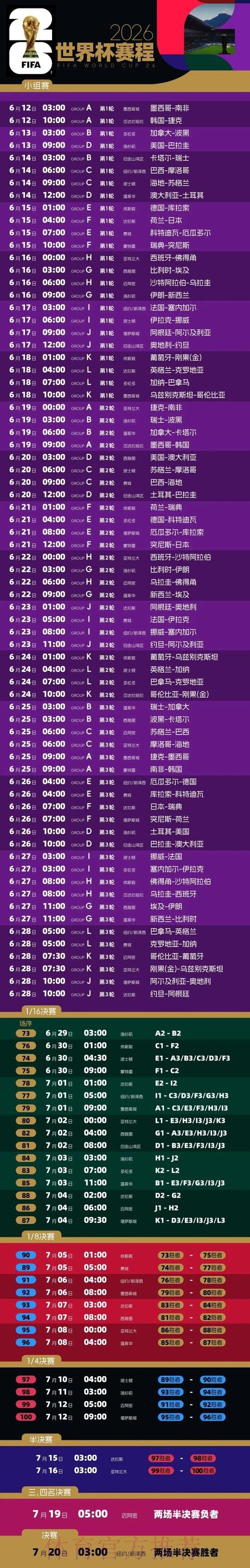 2026世界杯比赛时间实时更新比赛时间表实时查看